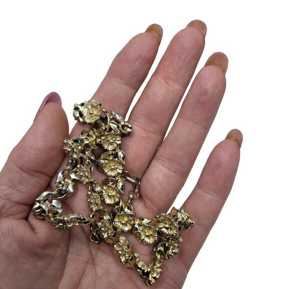 Vintage 70s Signed Lisner Gold Tone 3D Flower Link Collar Chocker Necklace Glam - Picture 5 of 15